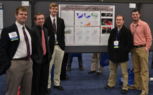 WKU meteorology students (from left) Tyler Binkley, Andrew Dockery, John L. Thomas, Quentin Walker and Ryan Difani presented their research poster during the Student Conference at the2013 AMS annual meeting.