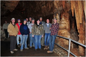 The group also visited Blanchard Springs Caverns in Arkansas. Front row (from left): Ben Miller, Dane Black, Ben Rafferty, Brystal Dennis, Michelle Foley and Brent Eberhard; back row (from left): Paul Shively, Brian Ahlers, Brandon Thomas and Adam Aldridge.  
