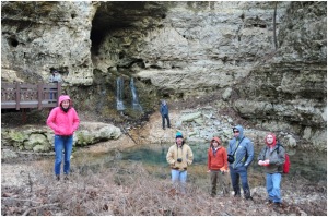WKU students at the bottom of Grand Gulf, a large collapsed cave system in Missouri. From left: Michelle Foley, Ben Miller, Brent Eberhard, Adam Aldridge, Paul Shively; back: Brandon Thomas.