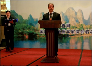 As an invited representative of the United Nations International Geoscience Program, Dr. Chris Groves addresses the conference opening ceremony with remarks about the status of China/U.S. cooperation in karst science. (Photo by Su Luxuan).  