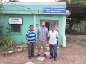 During a recent visit to Belize, Dr. Jason Polk (middle) met with Rafael Manzanero (right), Director of Friends for Conservation and Development, and Derek Chan (left) about the Chiquibul National Park. 