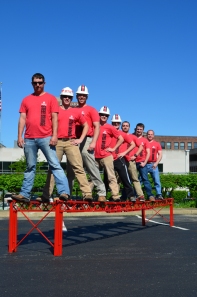 Caption: WKU Steel Bridge team members (from left) Sean Danehy, Carson Joyce, Matt Groves, John Jacoby, Jacob Martin, Chris Sivley, Dalton Hankins and Dr. Shane Palmquist (advisor). The students who constructed the bridge during the 2014 national competition are wearing WKU hardhats.