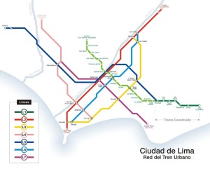 A map of the planned Lima Metro Rail System. Line 1 is already in operation.