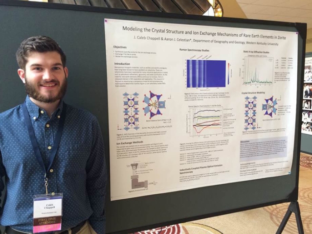 WKU student Caleb Chappell was awarded the International Union of Crystallography (IUCr) Pauling Poster Prize at the annual American Crystallographic Association meeting. His poster was titled “Modeling the Crystal Structure and Ion Exchange Mechanisms of Rare Earth Elements in Zorite.” 
