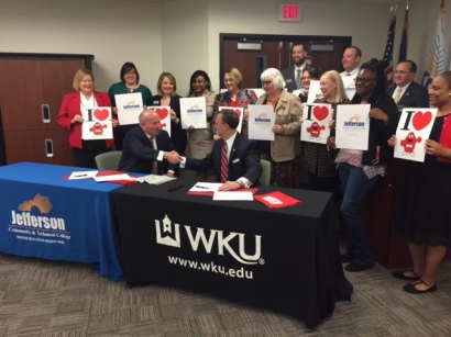 Presidents Dr. Ty J. Handy of Jefferson Community and Technical College and Dr. Gary Ransdell of WKU signed a joint admissions agreement today. (WKU photo by Bob Skipper)