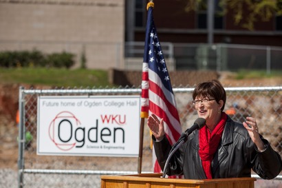 Dr. Cheryl Stevens, dean of Ogden College of Science and Engineering, spoke at the groundbreaking ceremony on April 5. (WKU photo by Clinton Lewis)